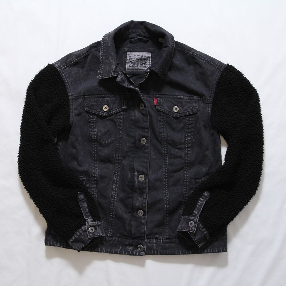 Levi's Acid Washed Sherpa Sleeve Trucker Jacket Womens Size S Black